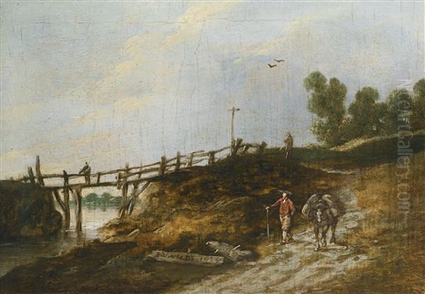 A Traveller And His Pack Horse Walking Along A Sandy Path Beside A Stream, A Rickety Wooden Bridge In The Distance With A Second Figure Standing Near A Wooden Crucifix Oil Painting by Esaias van de Velde the Elder