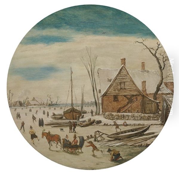 Winter Landscape With Skaters And A Farm House Oil Painting by Esaias van de Velde the Elder