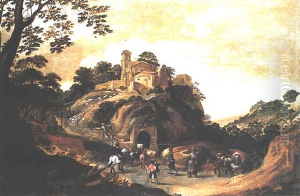 Shepherds And Other Travellers Walking Up To A Village On A Hill Oil Painting by Jan van de Velde the Elder