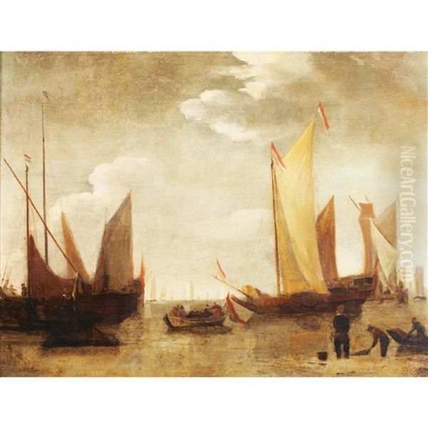 Boats At Low Tide Oil Painting by Willem van de Velde the Elder