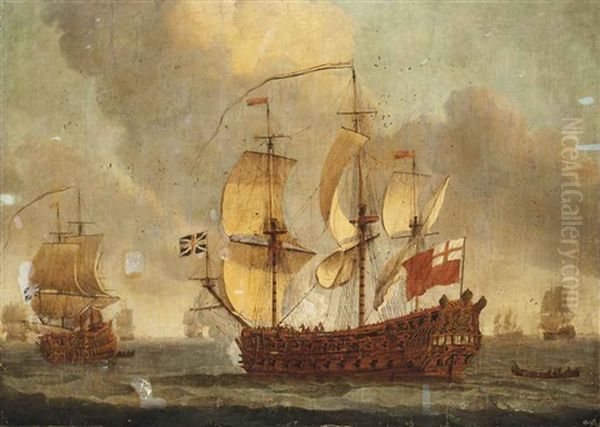 An English Fourth Rate Ship-of-the-line, Thought To Be The 46-gun H.m.s. Mordaunt, Announcing Her Departure From The Fleet Anchorage Oil Painting by Willem van de Velde the Elder