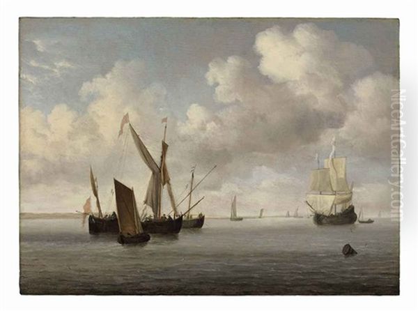 A Galjoot And A Smalschip At Anchor Approached By A Small Kaag, A Flute Under Sail And Other Vessels Beyond Oil Painting by Willem van de Velde the Elder