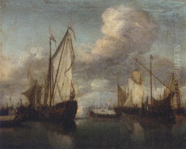 A States Yacht And Many Other Vessels In A Very Light Air Oil Painting by Willem van de Velde the Elder