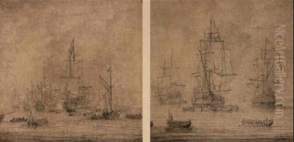 Dutch Ships And A Galjoot In A Calm Oil Painting by Willem van de Velde the Elder