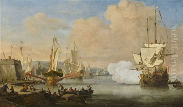 An English Ship Firing A Gun And Coming To Anchor Off A European Mediterranean Fortification Oil Painting by Willem van de Velde the Younger