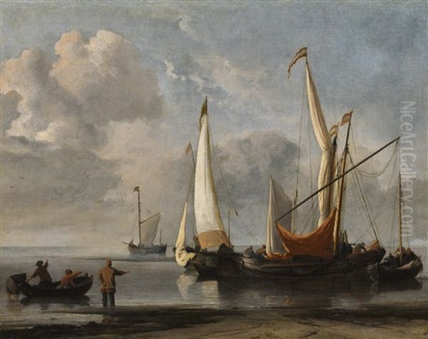 Small Dutch Vessels In A Light Breeze Anchored Off A Beach Oil Painting by Willem van de Velde the Younger