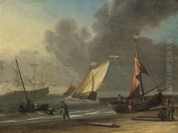 A Fishing Pink Hauled Up On The Beach In A Fresh Breeze On The Dutch Coast Oil Painting by Willem van de Velde the Younger