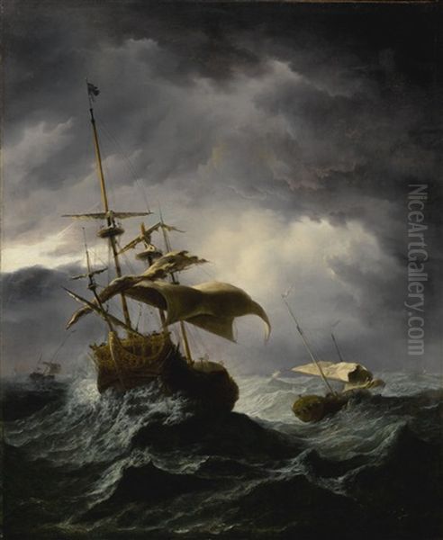 An English Ship In A Gale Attempting To Lie-to Oil Painting by Willem van de Velde the Younger