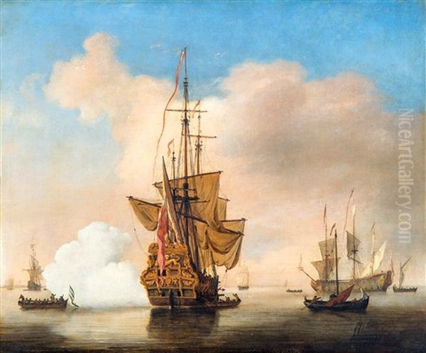 A Small English Merchant Ship At Anchor Firing A Gun Oil Painting by Willem van de Velde the Younger