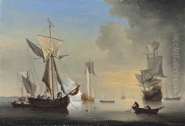 An English Galliot At Anchor With Fishermen Laying A Net Oil Painting by Willem van de Velde the Younger