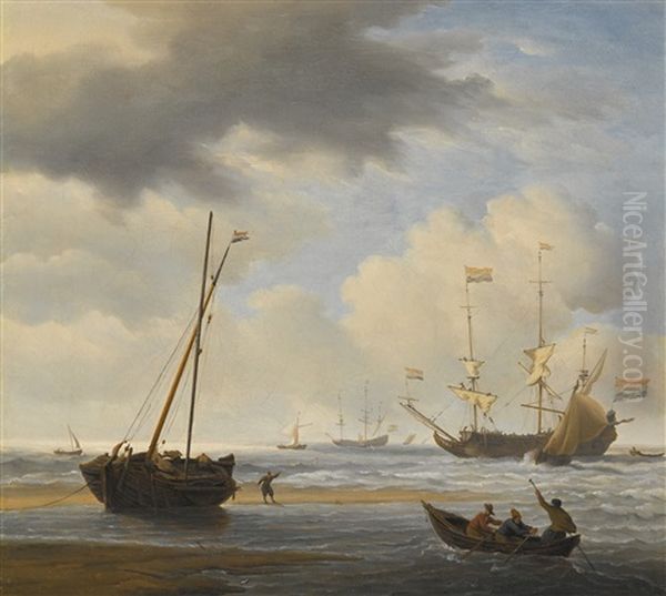 A Kaag Aground At Low Water In A Fresh Breeze, A Frigate Setting Sail Beyond Oil Painting by Willem van de Velde the Younger