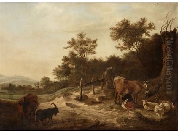 Landschaft Mit Viehherde Und Melkender Bauerin Oil Painting by Adriaen Van De Velde