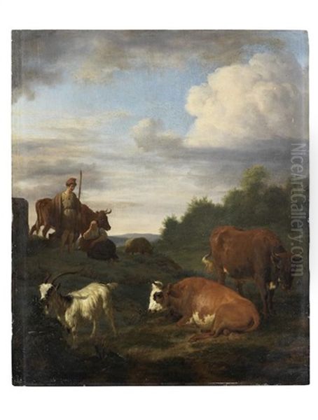 Drovers Resting With Their Flock In A Landscape Oil Painting by Adriaen Van De Velde