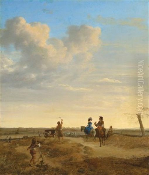 A Hawking Party In An Extensive Landscape Oil Painting by Adriaen Van De Velde