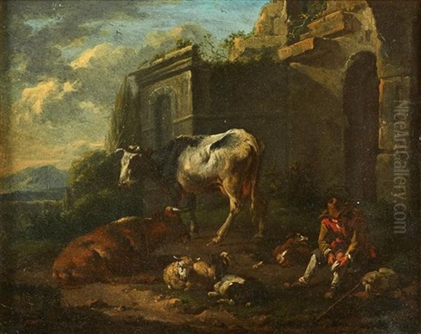 Coppia Die Paesaggi Con Rovine, Armenti E Pastori Oil Painting by Adriaen Van De Velde