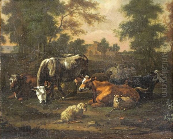 Cows And Sheep In Landscape Oil Painting by Adriaen Van De Velde