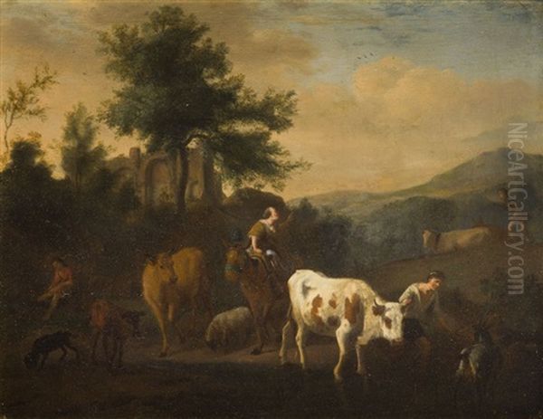 Landscape With Animals By Waterhole Oil Painting by Adriaen Van De Velde