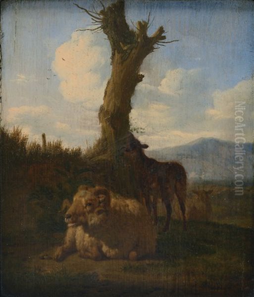 Italianate Landscape With A Ram, Other Sheep And A Dead Tree Oil Painting by Adriaen Van De Velde