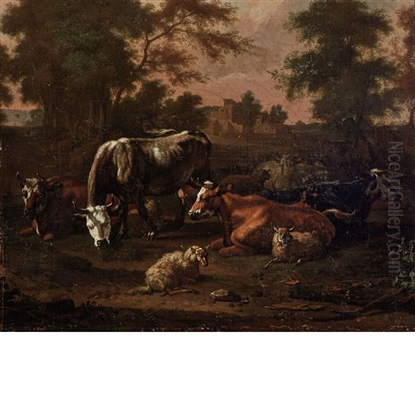 Cows And Sheep In A Landscape, A Village In The Distance Oil Painting by Adriaen Van De Velde