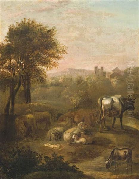 A Landscape With Cattle And Sheep, A Village Beyond Oil Painting by Adriaen Van De Velde