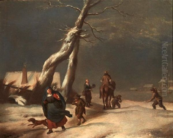 Promeneurs Sous La Neige Oil Painting by Adriaen Van De Velde