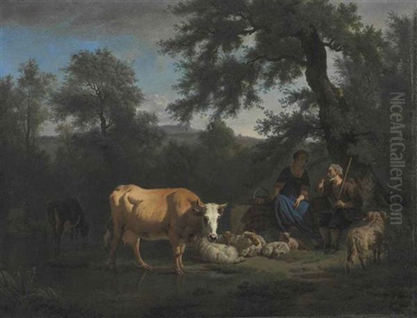 A Wooded River Landscape With Cattle Watering And A Shepherd And Shepherdess Resting Beneath A Tree Oil Painting by Adriaen Van De Velde