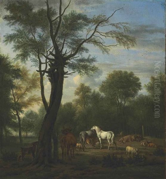 Two Horses, Cows, Sheep And Goats In A Woodland Clearing Oil Painting by Adriaen Van De Velde