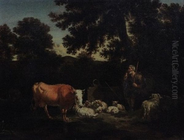 Shepherd With Sheep And Cows Oil Painting by Adriaen Van De Velde