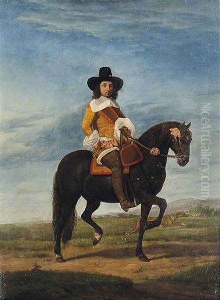 Equestrian Portrait Of A Gentleman, Full-length, With A Hound And An Extensive Landscape Beyond Oil Painting by Adriaen Van De Velde