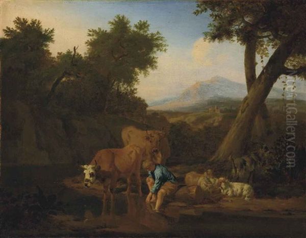 A Wooded, River Landscape With Cattle Watering And A Shepherd Resting, Mountains Beyond Oil Painting by Adriaen Van De Velde