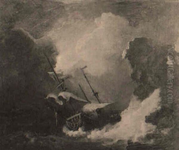 A 6th Rate Warship In Distress On A Rocky Coastline Oil Painting by Charles Willem Meredith van de Velde