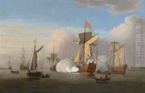 An Admiralty Yacht Firing A Salute As She Prepares To Depart From The Anchorage Oil Painting by Cornelis van de Velde