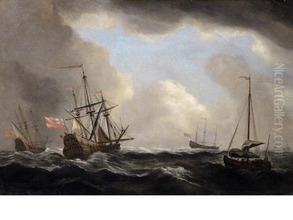 English Men-o'war Riding Out The Gale Under Staysails Only, With A Hooker Nearby Oil Painting by Cornelis van de Velde