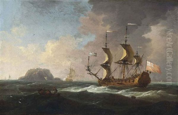 An English Frigate Heaving-to As She Approaches An Island Oil Painting by Cornelis van de Velde