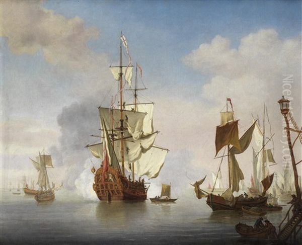 An English Ship At Anchor Near The Shore With Sails Loosened Firing A Salute, With Attendant Vessels In A Calm Sea Oil Painting by Cornelis van de Velde