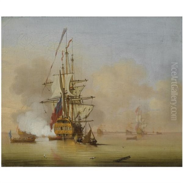 A Small English Man-o'war Firing A Salute With Small Boats Nearby Oil Painting by Cornelis van de Velde