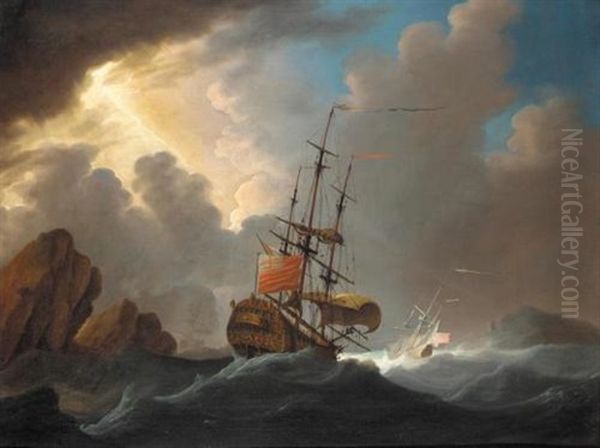 An English Man-of-war In Three Positions Negotiating A Channel In Heavy Seas Oil Painting by Cornelis van de Velde