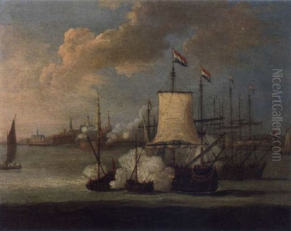 A Bombardment Of Dutch Men-o'-war In The Scheldt, The City Of Antwerp Beyond Oil Painting by Cornelis van de Velde