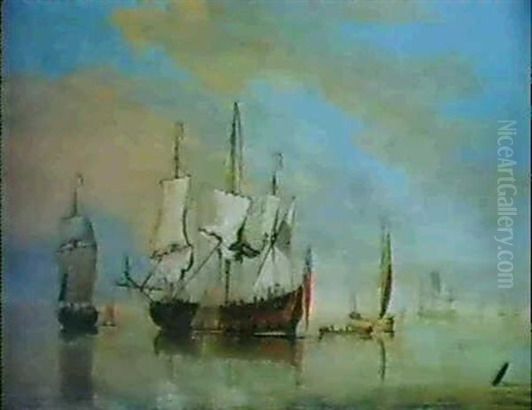 An English Naval Two-decker, With A Hoy         Alongside Possibly Delivering Supplies, And Yachts In A Calm Oil Painting by Cornelis van de Velde