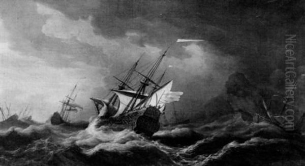 An English Ship In A Gale Trying To Claw Off A Lee Coast Oil Painting by Cornelis van de Velde