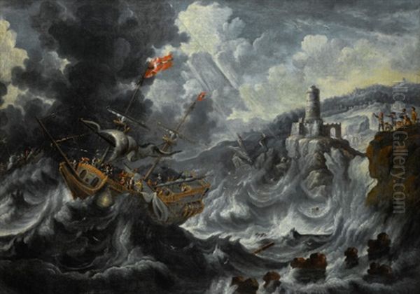 A Coastal Landscape With Shipping In A Tempestuous Sea Oil Painting by Peter van den Velde