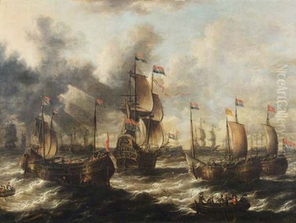 Navires Et Bateaux De Pecheurs En Pleine Mer; Navires Pres Des Cotes (pair) Oil Painting by Peter van den Velde