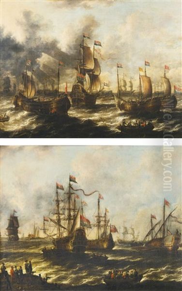 Navires Et Bateaux De Pecheurs En Pleine Mer Navires Pres Des Cotes Oil Painting by Peter van den Velde