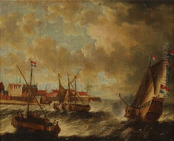 Coastal Landscape With Ships Oil Painting by Peter van den Velde