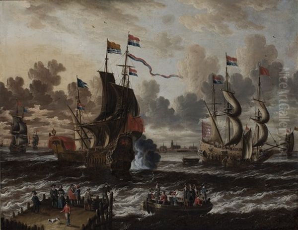 Ships In Front Of The Harbour Of Hoorn: A Meeting Between The Dutch Man-of-war 'de Roode Leeuw