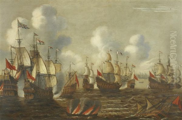 A Maritime Engagement Between The Dutch And The Spanish Netherlands Oil Painting by Peter van den Velde