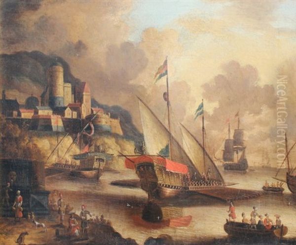 Galley's And Other Ships At Anchor In A Natural Harbor Near A Fortified Town Oil Painting by Peter van den Velde