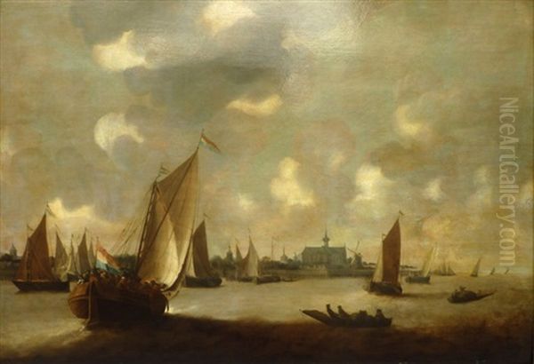 Marine, Bateaux Devant Une Ville Oil Painting by Peter van den Velde