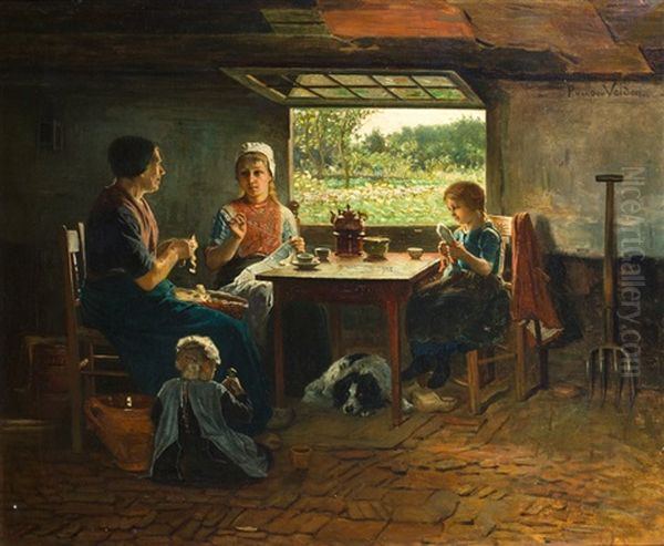 Binnenhuis Met Moeder, Haar Meisjes En De Hond Oil Painting by Paulus Petrus van der Velden