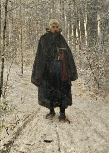 Solitary Figure On A Snowy Path Oil Painting by Paulus Petrus van der Velden